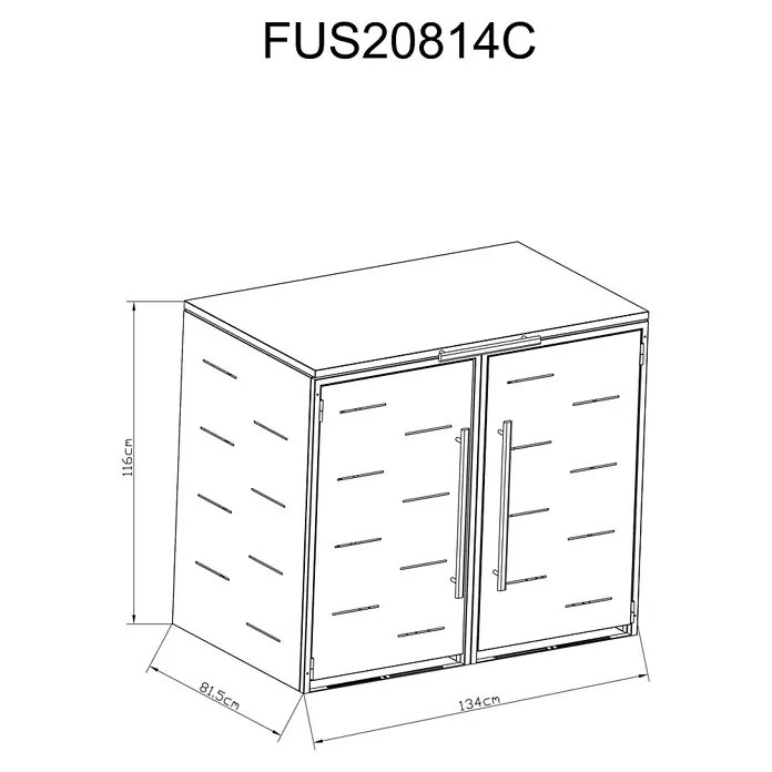 Sunfun Mülltonnenbox - Anthrazit, Stahl, Geeignet für Anzahl Mülltonnen: 2 Stk. - Abbildung eines Schranks namens FUS20814C mit den Maßen 116 cm Höhe, 81,5 cm Tiefe und 134 cm Breite.