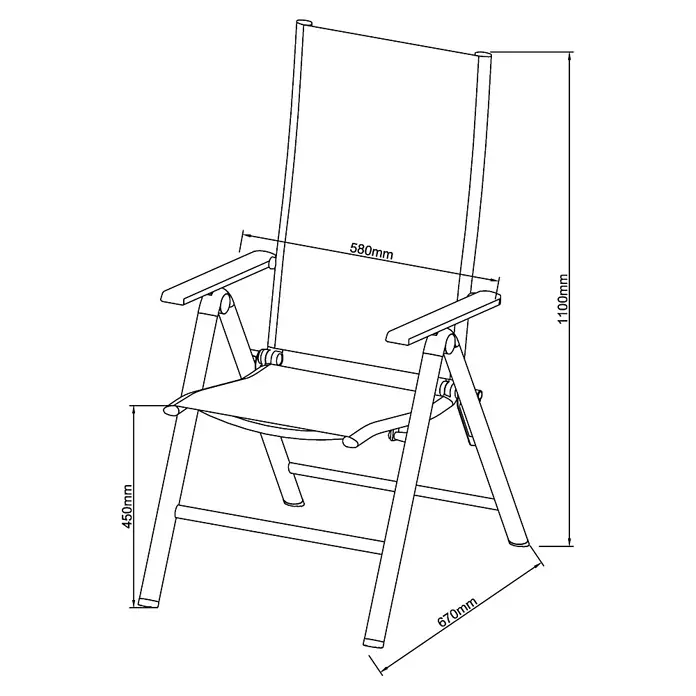 Sunfun Maja Slim Garten-Positionssessel - Aluminium/Textilene, Rückenlehne verstellbar, Anthrazit, B x T x H: 67 x 58 x 110 cm - Bild einer Gartenliege mit Armlehnen, Maße: 580 mm (Breite), 1100 mm (Höhe), 450 mm (Sitzhöhe) und 670 mm (Tiefe).