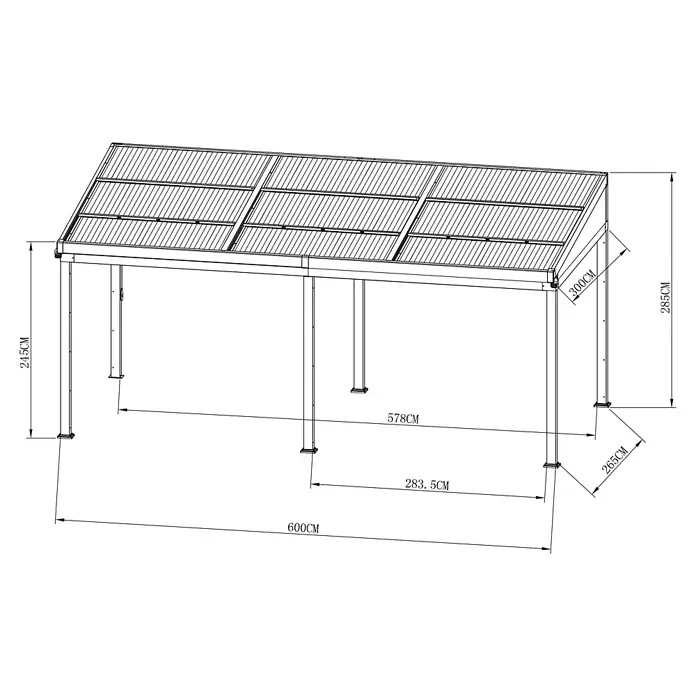 Sunfun Anstellpavillon Ibiza - B x T: 600 x 300 cm, Farbe Gestell: Anthrazit, Aluminium - Technische Zeichnung einer rechteckigen Pergola mit Schrägdach, Maße 600x300cm, vordere Höhe 245cm, hintere Höhe 285cm.