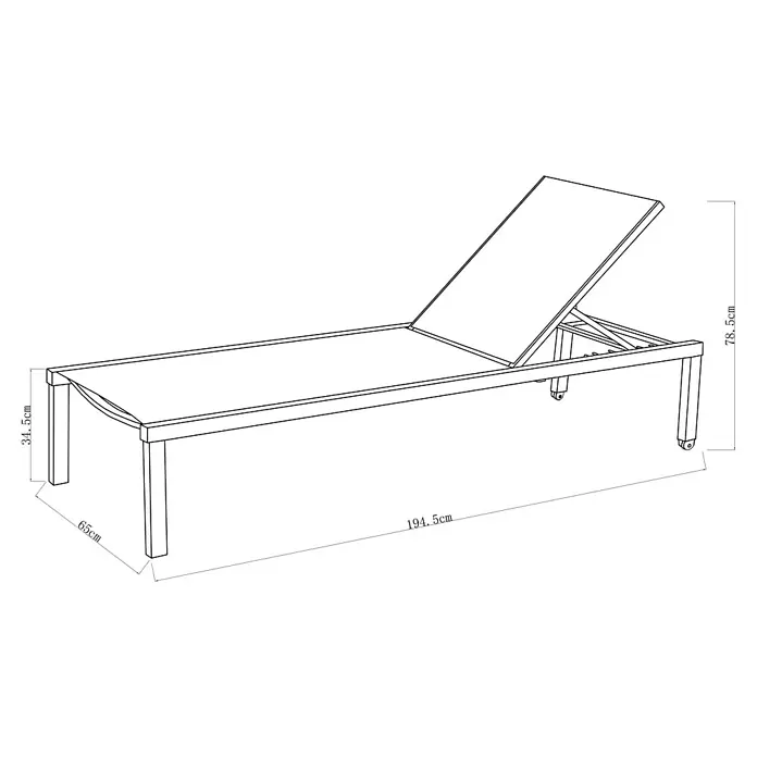 Sunfun Maja Gartenliege Design - Metall, Anthrazit, Rückenlehne verstellbar - Perspektivische Darstellung einer modernen Sonnenliege mit verstellbarer Rückenlehne und Maßangaben für Breite, Länge und Höhe.