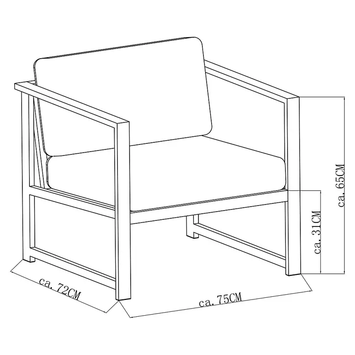 Sunfun Maja Slim Loungesessel - B x T x H: 75 x 72 x 65 cm, Aluminium, Anthrazit - Schemazeichnung des Sessels mit Maßangaben. Der Sessel hat eine Rahmenkonstruktion und bequeme Polster.
