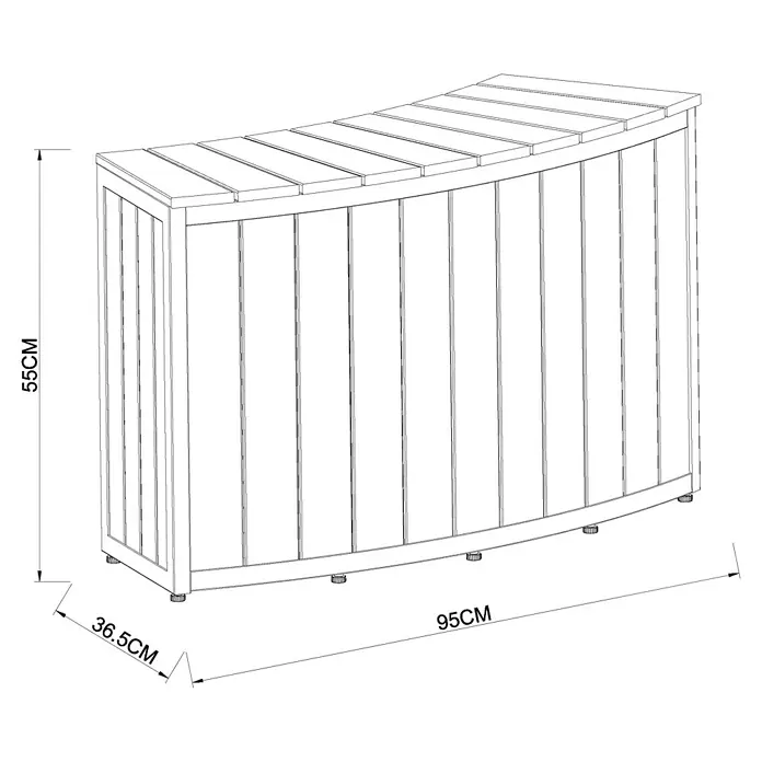 Malibu Whirlpool-Umrandung - B x T x H: 95 x 36,5 x 55 cm, Anthrazit - Eine schematische Darstellung einer Outdoor-Bar mit Holzverkleidung, die die Abmessungen 55 cm Höhe, 95 cm Länge und 36,5 cm Tiefe angibt.