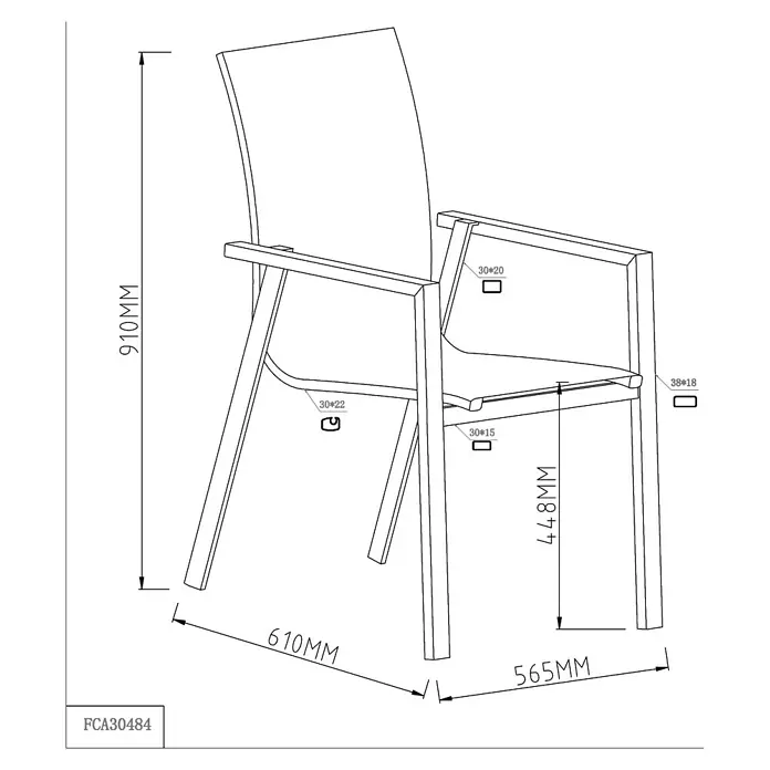 Sunfun Maja Stapelsessel - Aluminium, Textilen, Stapelbar, Grau, B x T x H: 56,5 x 66 x 91 cm - Abbildung eines Stuhls mit Armlehnen und Maßangaben zur Veranschaulichung der Produktabmessungen.