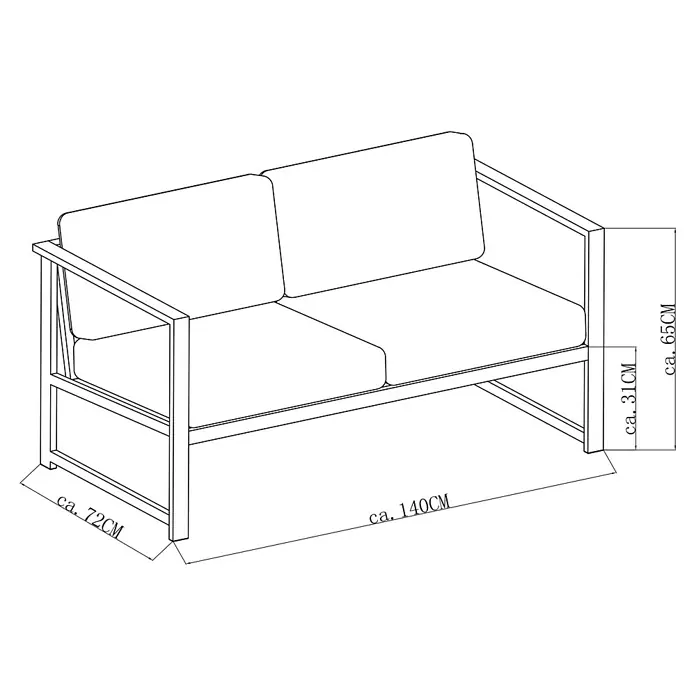 Sunfun Maja Slim Loungesofa - B x T x H: 140 x 72 x 65 cm, Anthrazit, 2-Sitzer - Abbildung eines Gartensofas mit Maßangaben. Das Sofa ist ca. 140cm breit, 72cm tief und 65cm hoch.