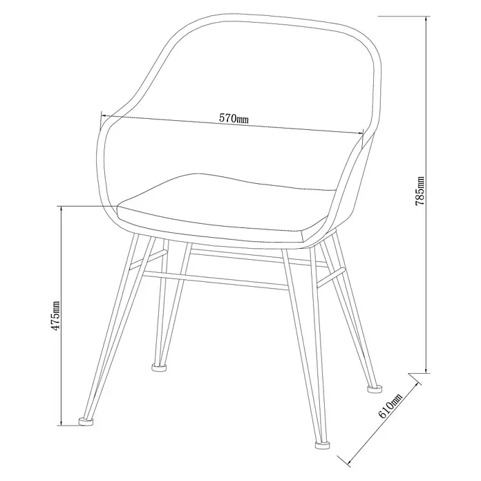 Sunfun Maja Gartensessel - PE-Geflecht, Braun-Grau, B x T x H: 75,5 x 56 x 105 cm - Zeichnung eines Stuhls mit Armlehnen und Maßangaben für Höhe, Breite und Tiefe.