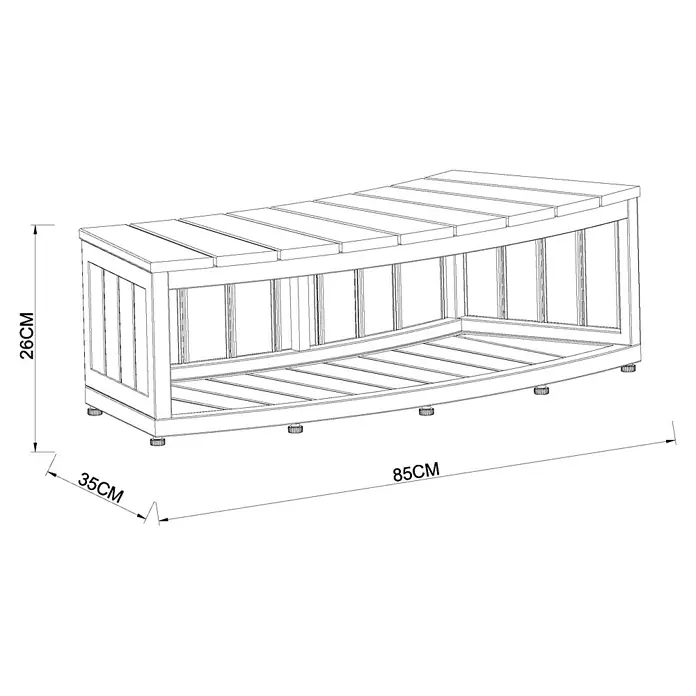 Malibu Whirlpool-Umrandung - B x T x H: 85 x 35 x 26 cm, Anthrazit - Die Abbildung zeigt eine Holzbank mit den Maßen 85cm Länge, 35cm Tiefe und 26cm Höhe, dargestellt als technische Zeichnung.