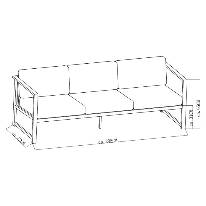 Sunfun Maja Slim Loungesofa - B x T x H: 205 x 72 x 65 cm, Anthrazit, 3-Sitzer - 3-Sitzer-Sofa mit Metallgestell und hellen Kissen. Maße: L 205cm, T 72cm, H 65cm.