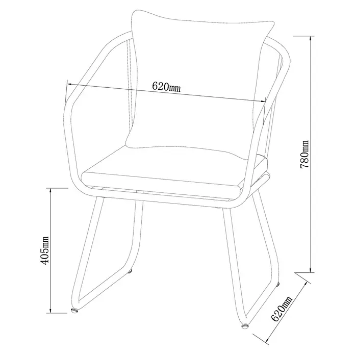Sunfun Maja Gartensessel - Kunststofffaser-Strings, Grau, B x T x H: 62 x 62 x 78 cm - Skizze eines Stuhls mit Armlehnen und Kissen, der Abmessungen in Millimetern zeigt, wie Höhe, Breite und Tiefe.