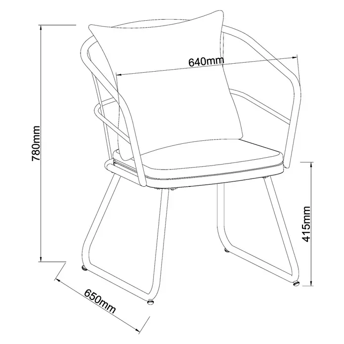 Sunfun Maja Gartensessel - Seilgeflecht, Grau-Beige, B x T x H: 64 x 65 x 77 cm - Schemazeichnung eines Stuhls mit Armlehnen und Kissen, mit Maßangaben für Höhe, Breite und Tiefe zur räumlichen Orientierung.