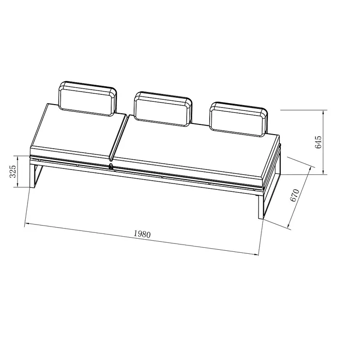 Sunfun Maja Slim Loungesofa mit Liegefunktion - B x T x H: 198 x 67 x 64,5 cm, Anthrazit - Eine technische Zeichnung eines Bettes mit Maßen, die auf seine Länge, Höhe und andere Dimensionen hinweisen.