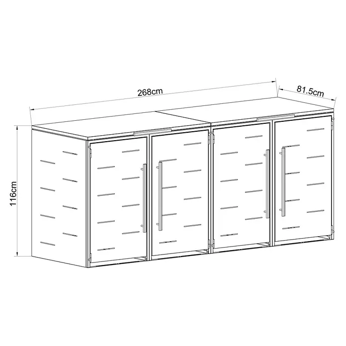 Sunfun Mülltonnenbox - B x T: 268 x 81,5 cm, Anthrazit, Stahl, Geeignet für Anzahl Mülltonnen: 4 Stk. - Mehrfachtüriger Aufbewahrungsschrank, Maße: 268cm L x 116cm H x 81.5cm T.