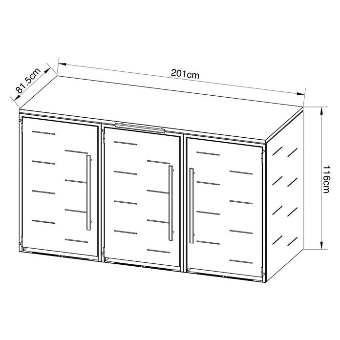 Sunfun Mülltonnenbox - B x T: 201 x 81,5 cm, Anthrazit, Stahl, Geeignet für Anzahl Mülltonnen: 3 Stk. - Abbildung eines stilvollen Schrankes in Weiß mit einer Länge von 201cm, einer Höhe von 116cm und einer Breite von 81.5cm.