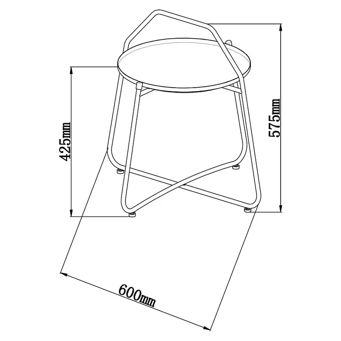 Sunfun Melina Garten-Beistelltisch rund - Ø x H: 60 x 57,5 cm, Stahl, Night-Grey - Die Abbildung zeigt eine Skizze eines Couchtisches mit den Maßen 600mm Breite, 425mm Höhe und 575mm Gesamthöhe.