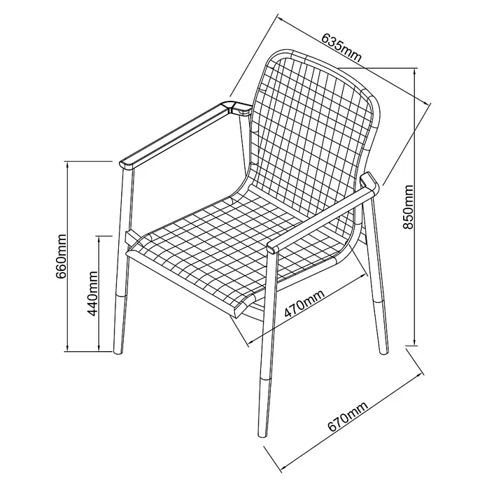 Sunfun Solo Rope Gartensessel - Stapelbar, Light-Greige, B x T x H: 67 x 63 x 85 cm - Eine Stuhlskizze mit Breiten- und Höhenangaben in Millimetern. Das Sitzmöbel ist in isometrischer Ansicht dargestellt.