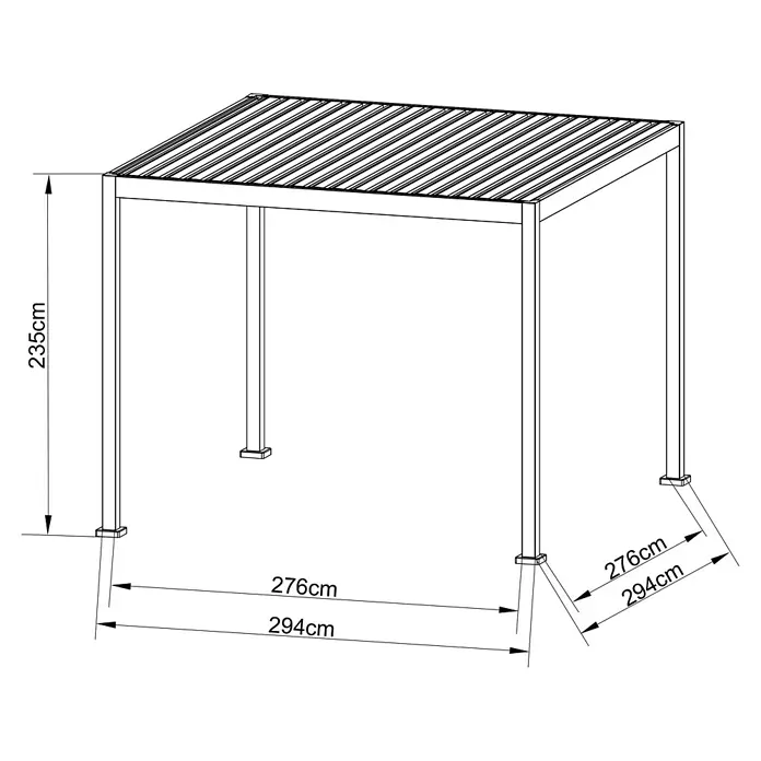 Sunfun Milos Pergola - B x T: 294 x 294 cm, Farbe Gestell: Light-Greige, Aluminium - Schemazeichnung einer Pergola mit Maßangaben zu Höhe und Breite.