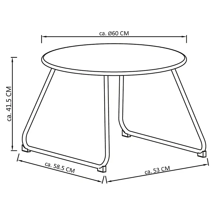 Sunfun Sarah Garten-Beistelltisch rund - Ø x H: 60 x 41,5 cm, Stahl, Night-Grey - Skizze eines runden Beistelltisches mit angewinkelten Metallbeinen, zeigt ca. Maße: Ø 60 cm, H 41.5 cm, Basis 58.5 x 53 cm.