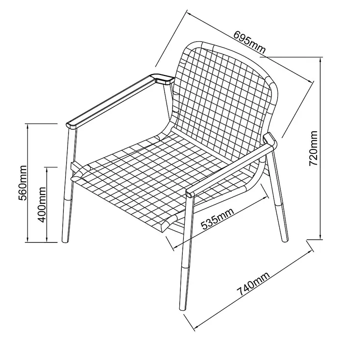 Sunfun Solo Rope Loungesessel - B x T x H: 69,5 x 74 x 72 cm, Aluminium, Kunststoff, Night-Grey - Draufsicht eines Stuhls mit Armlehnen und Maßen, dargestellt in einer technischen Zeichnung mit verschiedenen Maßangaben.