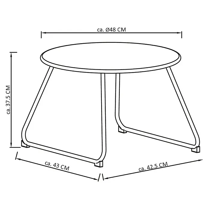 Sunfun Sarah Garten-Beistelltisch rund - Ø x H: 48 x 37,5 cm, Stahl, Night-Grey - Schemazeichnung eines runden Couchtisches mit den Maßen ca. 48 cm Durchmesser und ca. 37,5 cm Höhe. Die Beine sind trapezförmig und ca. 43 cm bzw. 42,5 cm breit.