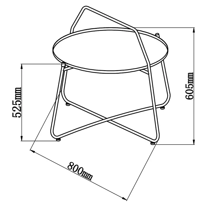 Sunfun Melina Garten-Beistelltisch rund - Ø x H: 80 x 60,5 cm, Stahl, Night-Grey - Abbildung eines runden Tisches mit den Maßen 605 mm Höhe, 525 mm Breite und 800 mm Länge.