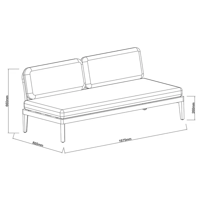 Sunfun Solo Rope Loungesofa - L x B x H: 167,5 x 86,5 x 66 cm, Aluminium, Light-Greige - Abbildung eines Sofas mit den Maßen 1675 mm Länge, 865 mm Breite und 660 mm Höhe. Die Sitzhöhe beträgt 260 mm.