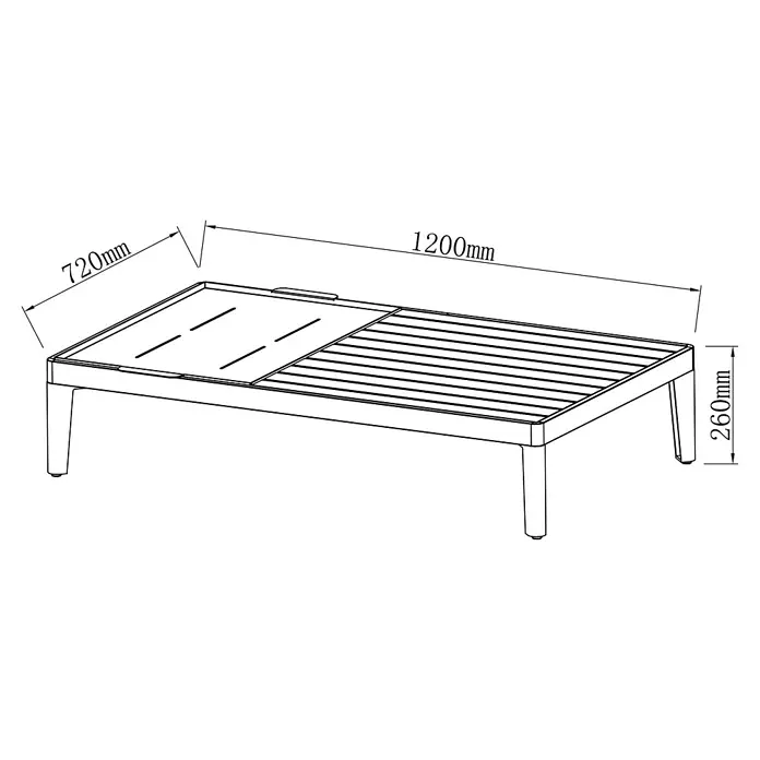 Sunfun Solo Garten-Couchtisch - L x B x H: 120 x 72 x 26 cm, Aluminium, abnehmbares Tablett, Light-Greige - Die Abbildung zeigt einen Couchtisch mit den Maßen 1200mm Länge, 720mm Breite und 260mm Höhe. Ideal für den Wohnbereich.