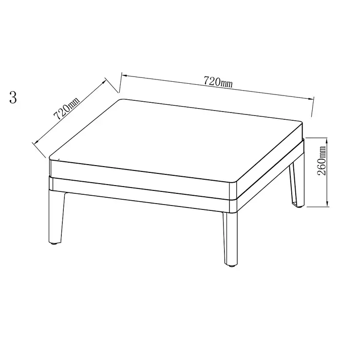 Sunfun Solo Garten-Couchtisch - L x B x H: 72 x 72 x 26 cm, Aluminium, Light-Greige - Das Bild zeigt einen Couchtisch mit quadratischer Tischplatte und vier Beinen. Der Tisch ist in Schwarz-Weiß gehalten und die Maße sind angegeben.