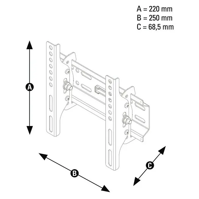 Thomson TV-Wandhalterung WAB646 neigbar - Passend für: Bildschirmdiagonale 10"-46", Belastbarkeit: 30 kg - Strichzeichnung einer Monitor-/TV-Wandhalterung aus Metall, Maße 220x250x68,5 mm.