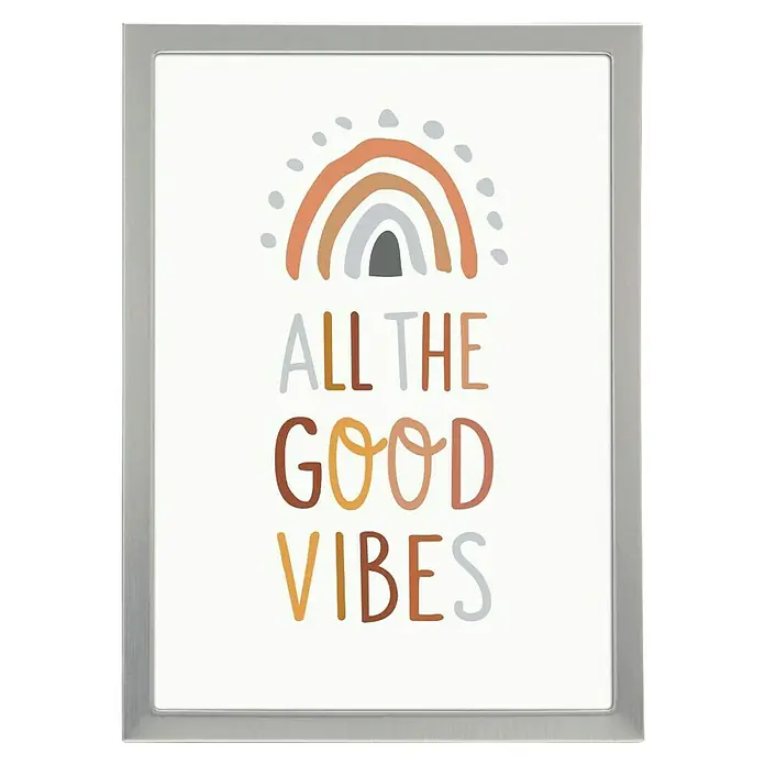 Hama Alurahmen Lia - 13 x 18 cm, Silber - Gerahmter Kunstdruck mit grauem Rahmen, einem Boho-Regenbogen und dem Text 'ALL THE GOOD VIBES' in Erdtönen.