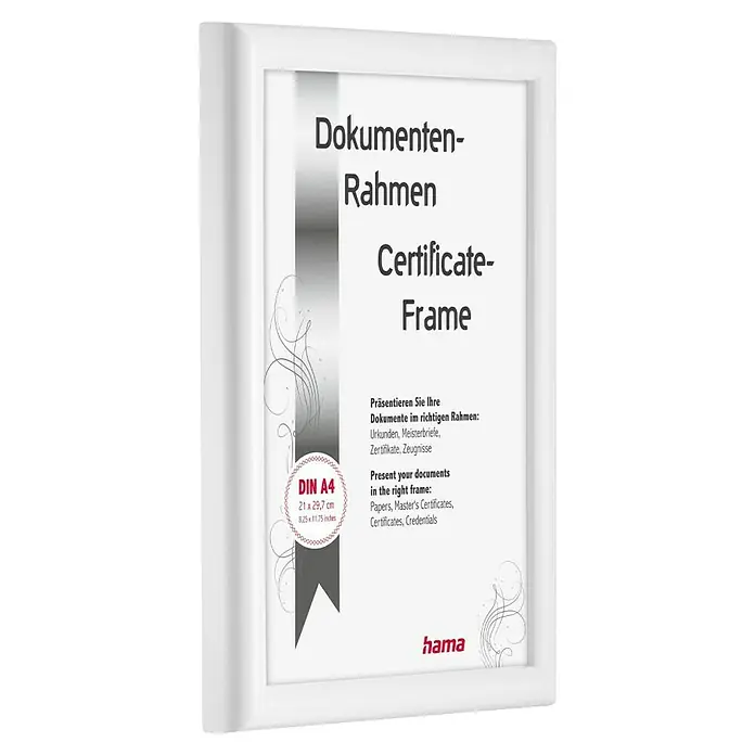 Hama Kunststoffrahmen Swing - DIN A4 (21 x 29,7cm), Weiß - Weißer Urkundenrahmen im DIN A4-Format, ideal für Dokumente, Zertifikate und Zeugnisse.