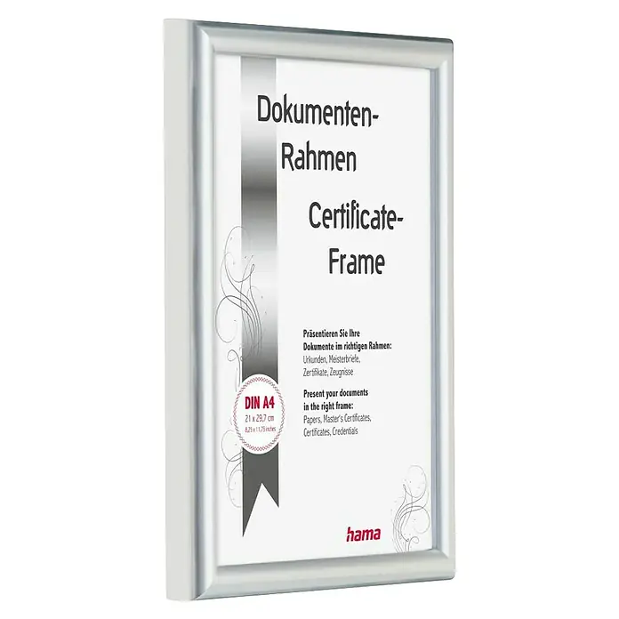 Hama Kunststoffrahmen Swing - DIN A4 (21 x 29,7cm), Silber - Silberfarbener Dokumentenrahmen für DIN A4 Urkunden und Zertifikate.