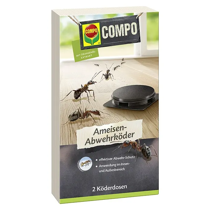 Compo Ameisenköder - 2 Stk. - COMPO Ameisen-Abwehrköder Verpackung: Ameisen um schwarze Köderdose auf Holzboden, mit Orangenöl-Extrakt und Innen-/Außenanwendung.