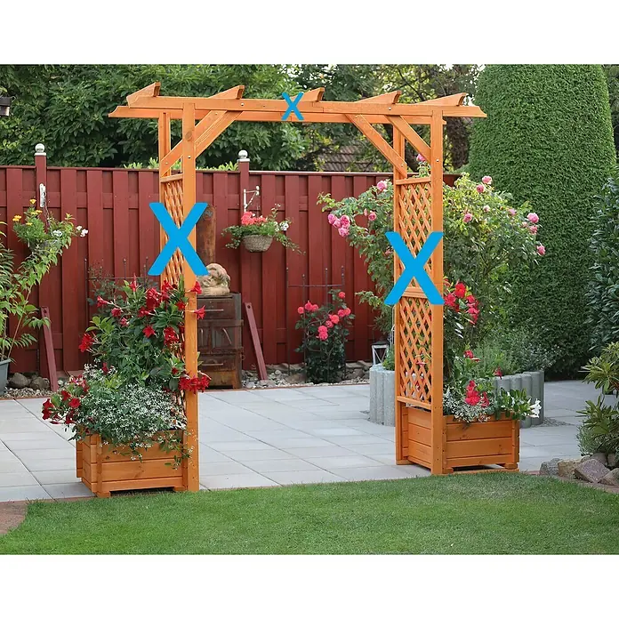 Promadino Pflanzkasten Bamberg - Außenmaß (L x B x H): 52 x 52 x 32 cm, Holz, Honigbraun - Ein blühender Gartenbogen mit Pflanzenkübeln und Kletterhilfen, der eine malerische Atmosphäre schafft.