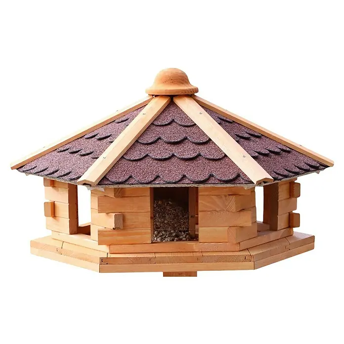 Promadino Vogelhaus Knusperhäuschen - Holz, Natur/Braun, Ausstattung: Ohne Vogelhausständer, Mit Silo - Das Bild zeigt ein Vogelhaus mit einem roten Ziegeldach und einer Holzkonstruktion, die perfekt für kleine Vögel ist.