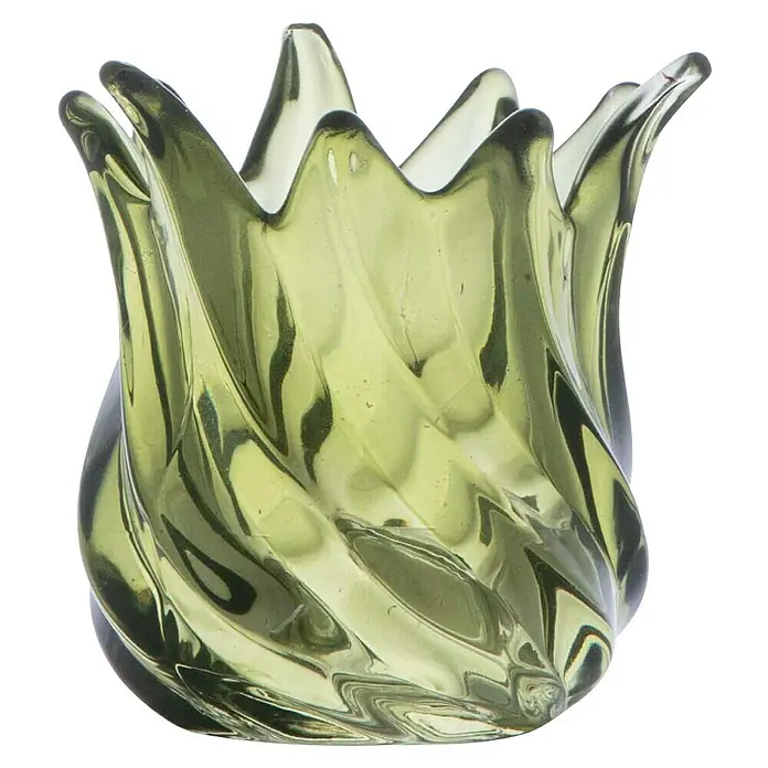 Teelichthalter Cecile - Ø x H: 9,3 x 9,5 cm, Grün, Glas - Hellgrüne gewellte Glasvase für Blumen oder Kerzen.