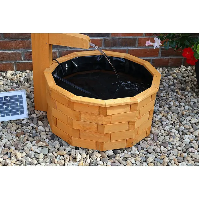 Promadino Standbrunnen - Ø x H: 64 x 101 cm, Solarpumpe - Solarbetriebener Brunnen mit Holzstruktur und fließendem Wasser. Das Solarpanel versorgt die Pumpe mit Strom, um einen dekorativen Wassereffekt zu erzielen.