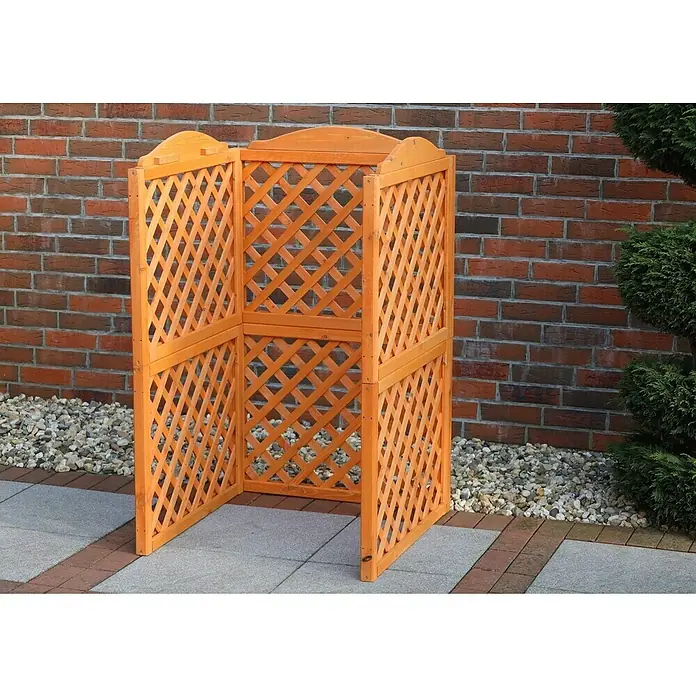Promadino Mülltonnenbox Verkleidung Rex - 78,5 x 86,5 x 128 cm, Honigbraun - Freistehender, dreiteiliger Sichtschutz aus hellem Holz mit Rautenmuster, der Privatsphäre bietet und gleichzeitig dekorativ im Garten ist.