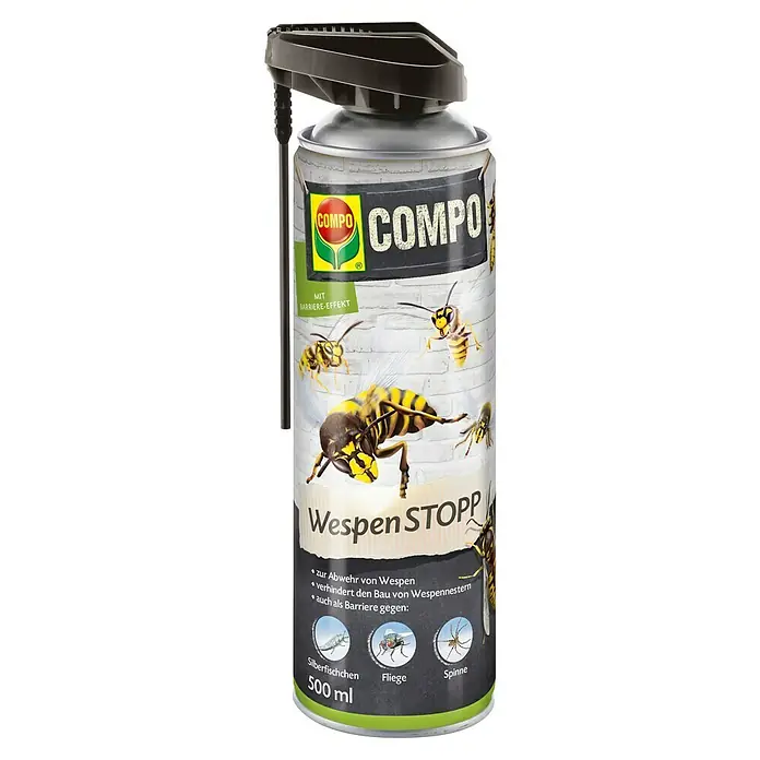 Compo Wespen-Spray WespenStopp - 500 ml - Schwarze und graue Wespenspraydose mit Düse, bedruckt mit Wespenbildern und "COMPO Wespen STOPP". 500 ml Inhalt.