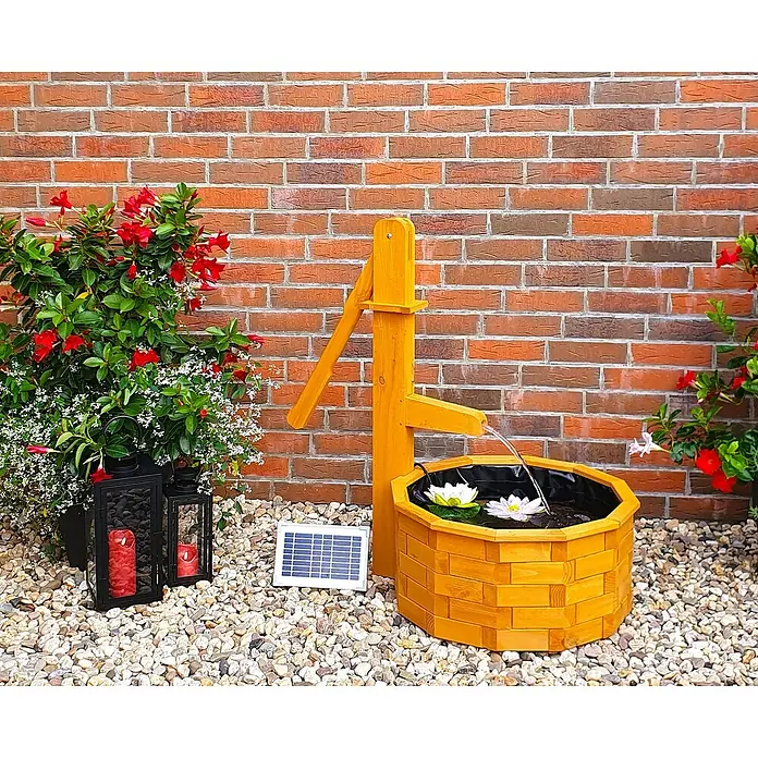 Promadino Standbrunnen - Ø x H: 64 x 101 cm, Solarpumpe - Wunderschöner Gartenbrunnen mit Pumpe, der mit Solarenergie betrieben wird und mit roten Blumen geschmückt ist.