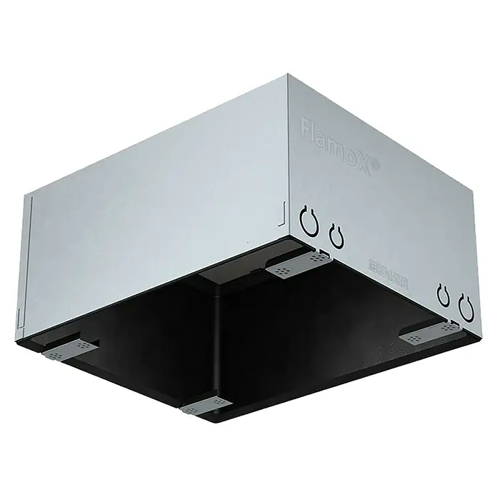 Kaiser Schutzgehäuse Brandschutzgehäuse FlamoXEI30 - L x B x H: 23 x 27 x 15 cm, Passend für: für Leuchten und Lautsprecher in Hohldecken - Das Bild zeigt eine FlamoX® Brandschutzdose für den Deckeneinbau von Kaiser. Gehalten in Silber und Schwarz, ideal für sichere Installationen.