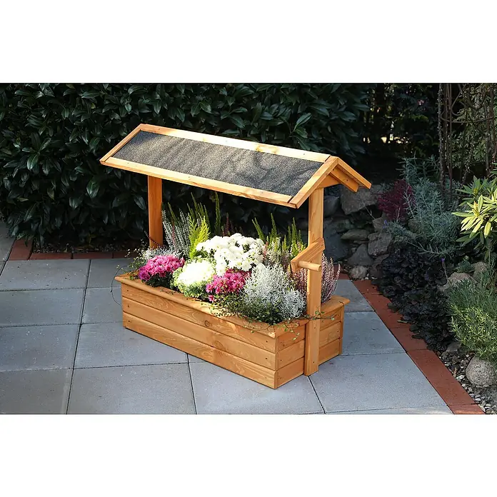 Promadino Pflanzkasten Zierbrunnen Chiemsee - Außenmaß (L x B x H): 94,5 x 49 x 77 cm, Holz, Braun - Dieser Blumenkasten mit Dach bietet einen stilvollen Rahmen für die farbenfrohe Blumenpracht und setzt dekorative Akzente im Garten.