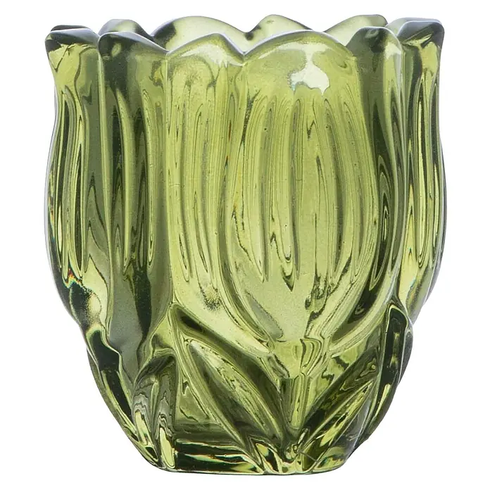 Teelichthalter Charline - Ø x H: 9 x 10 cm, Grün, Glas - Geriffelte grüne Glasvase mit gewelltem Rand.