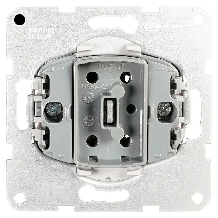 Panasonic Karre Plus 55 Wechselschalter-Einsatz WDTM01032NC-EU1 - 10 A, Unterputzmontage - Rückseite eines grauen Steckdosenmoduls mit sichtbaren Schraubklemmen und Drahteinführungen, beschriftet 'TOP/ÜST'.