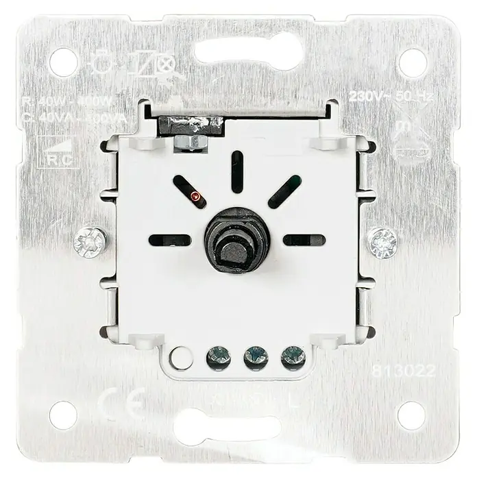 Panasonic Karre Plus 55 Dimmer-Einsatz WDTM05202NC-EU1 - Schrauben - Rückansicht eines weißen Dimmermoduls mit schwarzem Drehregler und silbernem Metallrahmen. Zeigt elektrische Anschlüsse und Spezifikationen.
