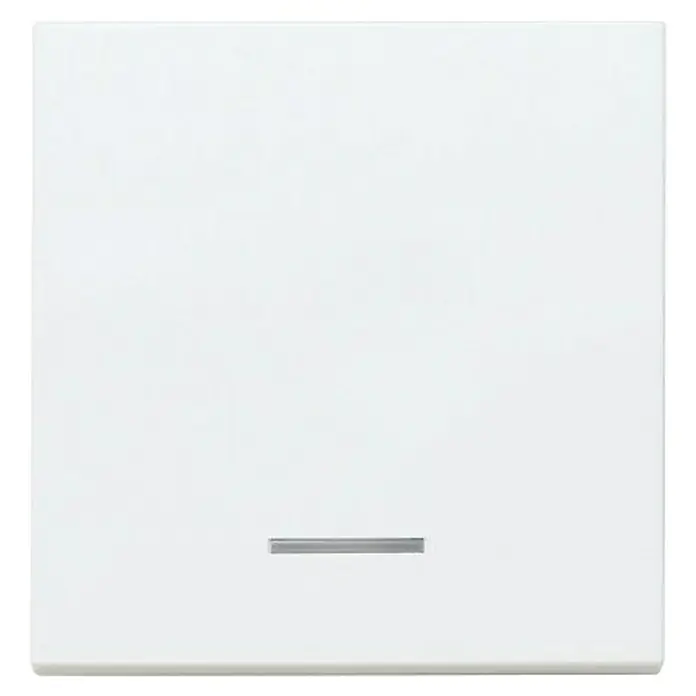 Panasonic Karre Plus 55 Kontrollschalterwippe WDTR00021WH-EU1 - Reinweiß (ähnlich RAL 9010), Matt, Kunststoff, Unterputzmontage - Weißer Lichtschalter mit horizontalem, silbernem Druckknopf am unteren Rand.