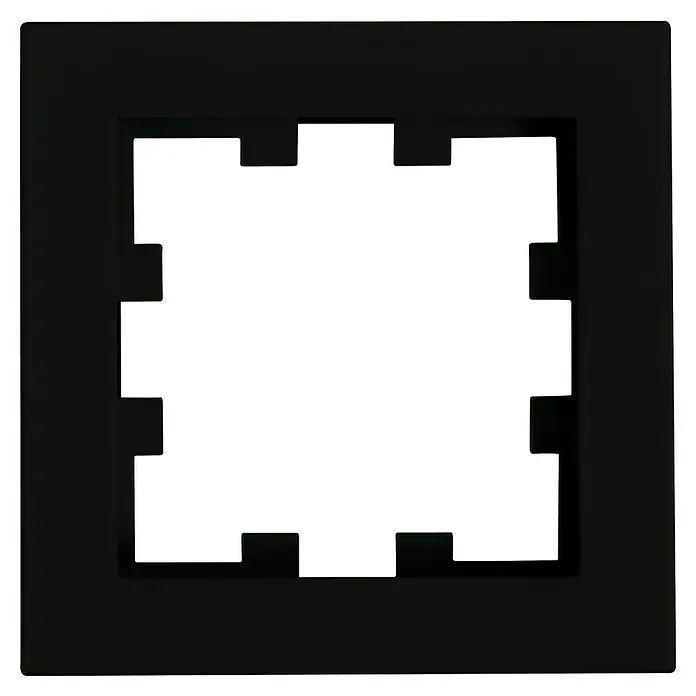 Panasonic Karre Plus 55 Abdeckrahmen WDTF00012EBE-EU1 - Schwarz matt, 1-fach, Kunststoff, Klemmen - Schwarzer quadratischer Rahmen mit einem komplexen, ineinandergreifenden quadratischen Ausschnitt.