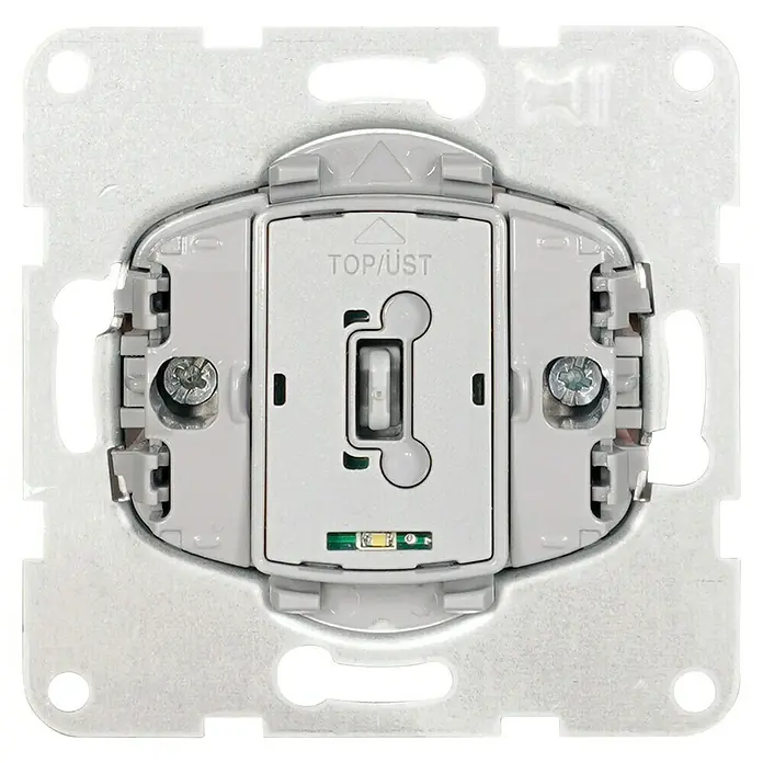 Panasonic Karre Plus 55 Wechselschalter-Einsatz WDTM01042NC-EU1 - 10 A, Unterputzmontage - Hellgraues Elektroschaltermodul mit zentralem Bedienelement, mit 'TOP/ÜST' beschriftet und kleiner LED-Anzeige.