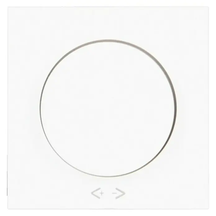 Panasonic Karre Plus 55 Dimmerabdeckung WDTR05201WH-EU1 - Reinweiß (ähnlich RAL 9010), Matt, Kunststoff, Unterputzmontage - Weißes quadratisches Touch-Bedienfeld mit großem grauem Kreisring und kleinen grauen Pfeilen, wovon einer ein Pluszeichen enthält.