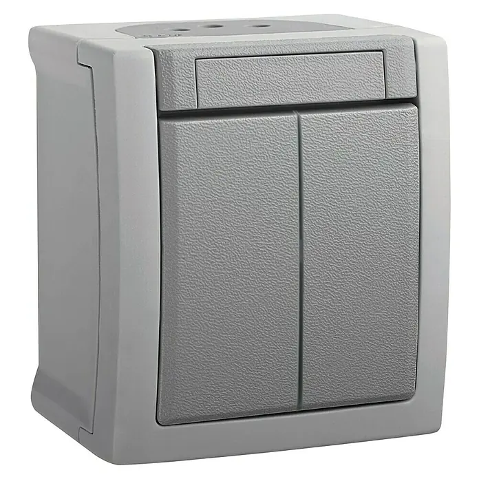 Viko Pacific Feuchtraum-Serienschalter - Grau, Aufputzmontage, IP54 - Graue, strukturierte Aufputz-Schalteinheit mit zwei großen Tasten und kleinerem Bedienelement, robustes Design.
