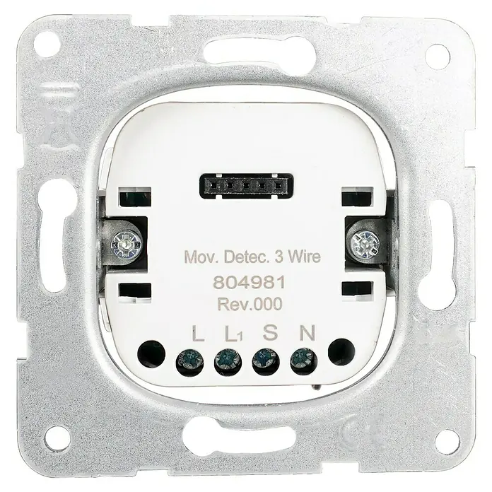 Panasonic Karre Plus 55 Bewegungsmelderaufsatz WDTM05545WH-EU1 - Unterputzmontage - Rückseite eines weißen Bewegungsmelder-Moduls mit silbernem Rahmen, zeigt L, L1, S, N Klemmen.