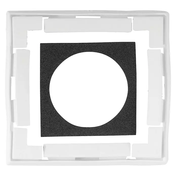 Panasonic Karre Plus 55 Dichtungs-Set WDTC07114NC-EU1 - Kunststoff - Weißer quadratischer Rahmen mit schwarzem Quadrateinsatz und kreisförmigem Ausschnitt.